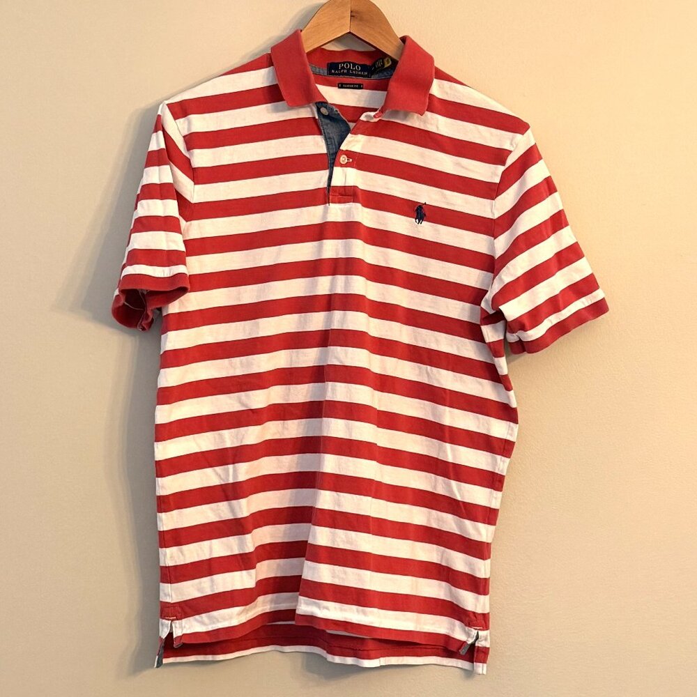 Ralph Lauren Men's Red and White Striped Short Sleeve Polo